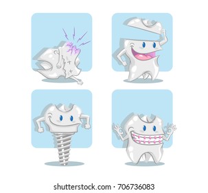 The tooth implant, the crown, the orthodontics and the decay.
Four cartoon illustrations of a tooth: implant, crown, orthodontics and decay.