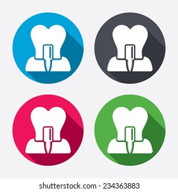 Tooth implant icon. Dental endosseous implant sign. Dental care symbol. Circle buttons with long shadow. 4 icons set. Vector