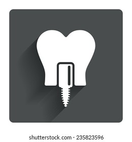 Tooth implant icon. Dental endosseous implant sign. Dental care symbol. Gray flat square button with shadow. Modern UI website navigation. Vector