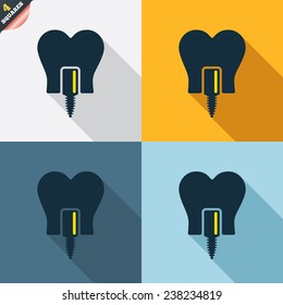 Tooth implant icon. Dental endosseous implant sign. Dental care symbol. Four squares. Colored Flat design buttons. Vector