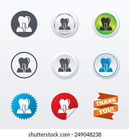 Tooth implant icon. Dental endosseous implant sign. Dental care symbol. Circle concept buttons. Metal edging. Star and label sticker. Vector