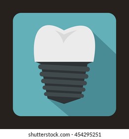 Tooth implant icon in flat style on a baby blue background