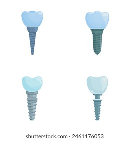 Tooth implant icons set cartoon vector. Various type of dental implant. Teeth prosthetics