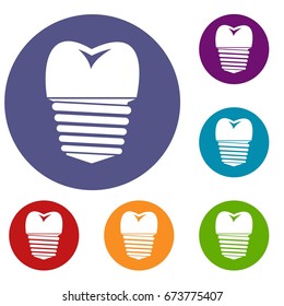Tooth implant icons set in flat circle reb, blue and green color for web