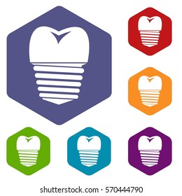 Tooth implant icons set rhombus in different colors isolated on white background