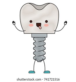 tooth implant with screw cartoon in colored crayon silhouette vector illustration