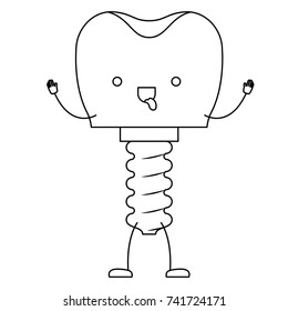 tooth implant with screw cartoon in monochrome silhouette vector illustration
