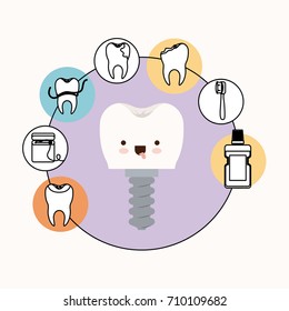 tooth implant with screw dental care kawaii caricature with tongue out expression with circular frame icons dental care on white background vector illustration