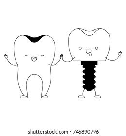 tooth and tooth implant with screw and holding hands in black silhouette vector illustration