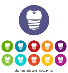 Tooth implant set icons in different colors isolated on white background