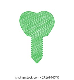 Tooth implant sign illustration. Green scribble Icon with solid contour on white background. Illustration.