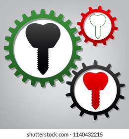 Tooth implant sign illustration. Vector. Three connected gears with icons at grayish background.