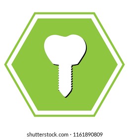 Tooth implant sign illustration. Vector. White icon with black shadow at yellow green honeycomb on white background.