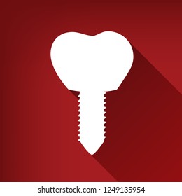 Tooth implant sign illustration. Vector. White icon with limitless shadow at ruby red background.