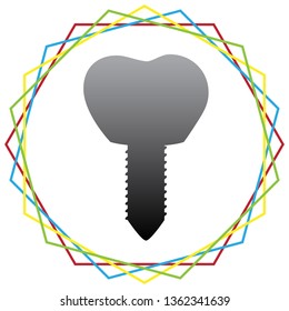 Tooth implant sign illustration. Vector. Black icon with patch of light inside colorful hexagonal frames at white background.