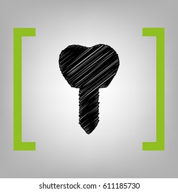 Tooth implant sign illustration. Vector. Black scribble icon in citron brackets on grayish background.