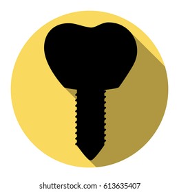 Tooth implant sign illustration. Vector. Flat black icon with flat shadow on royal yellow circle with white background. Isolated.