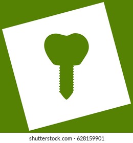 Tooth implant sign illustration. Vector. White icon obtained as a result of subtraction rotated square and path. Avocado background.