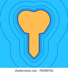 Tooth implant sign illustration. Vector. Sand color icon with black contour and equidistant blue contours like field at sky blue background. Like waves on map - island in ocean or sea.