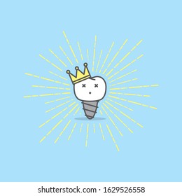 Tooth implantation wearing a crown on light radius line illustration character vector design on blue background. Dental concept.