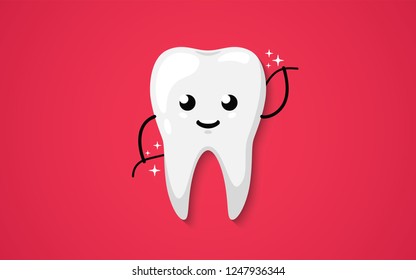 Tooth isolated on a red background. Teeth cleaning. Dental flossing. Clean shining happy and smiling. Cute cartoon character. Dental health. Simple cartoon design. Flat style vector illustration.