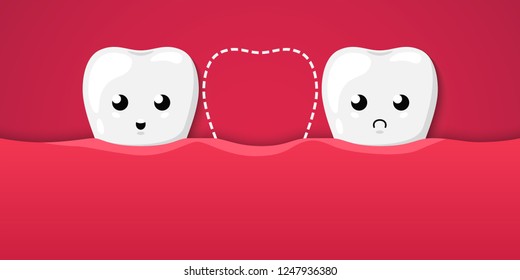 Tooth isolated on a red background. Cute cartoon character. Tooth missing, dental disease. Dental health, care. Simple cartoon design. Flat style vector illustration.