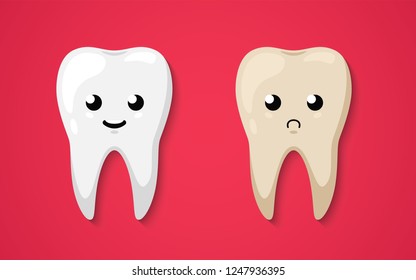 Tooth isolated on a red background. Clean happy and smiling. Cute cartoon character. Sad dirty decayed tooth. Dental health. Simple cartoon design. Flat style vector illustration.