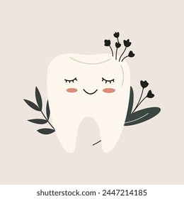 Tooth with Leaves and Flowers Colourful Vector Flat Illustration. Perfect for different cards, textile, web sites, apps 