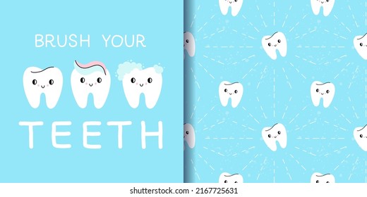 Tooth Lettering And Seamless Pattern. Brush Your Teeth Text. Cartoon Characters With Toothpaste, Stages Of Brushing. Dental Clinic Mascot. Decor Textile, Wrapping Paper Wallpaper, Vector Print