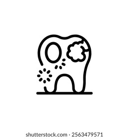 tooth line art vector icon isolated on white background. Caries damaging a tooth with bacteria spreading and attacking the enamel