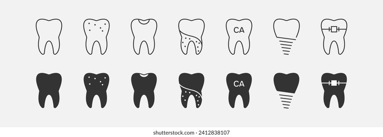 Tooth line and black icons set.  DENTISTRY and Orthodontic symbols. Dentist, Teeth, Human Health, Implant, Dental Braces. Vector illustration	