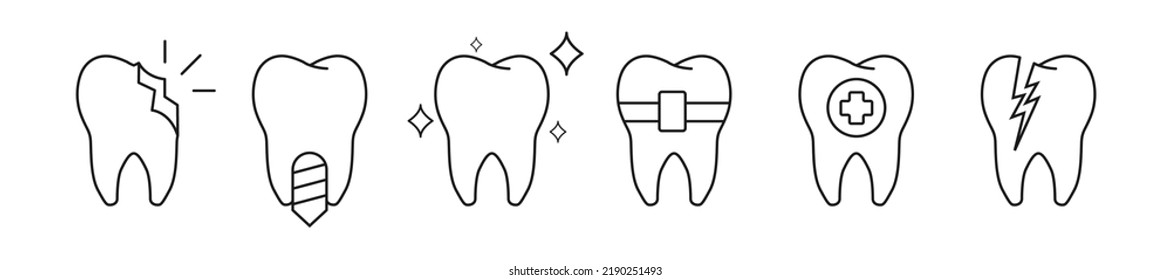 Tooth line icon set. Dental care. Linear symbols of dental treatment. Vector illustration.