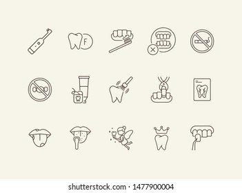 Tooth line icon set. Extraction, no smoking, brush, toothpaste. Dental care concept. Can be used for topics like dentist, pediatric dentistry, health care