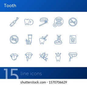 Tooth line icon set. Extraction, no smoking, brush, toothpaste. Dental care concept. Can be used for topics like dentist, pediatric dentistry, health care