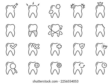 Tooth Line Icon Set. Oral Care and Hygiene. Dental Treatment. Toothache, Caries, Whitening, Cleaning Teeth Linear Pictogram. Dentistry Outline Symbol. Editable Stroke. Isolated Vector Illustration.