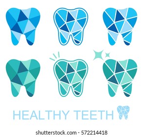 Tooth logo set. Vector illustration for dental clinic branding with teeth in modern style - polygonal low poly in blue and white.