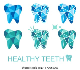 Tooth logo set. Vector illustration for dental clinic branding with teeth in modern style - polygonal low poly in blue and white.