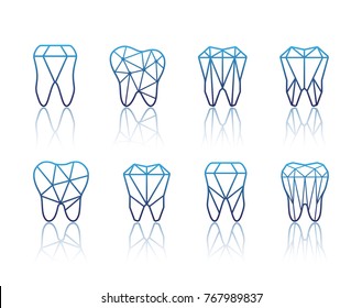 Tooth logo set. Vector illustration for dental clinic branding with teeth in modern style - polygonal low poly in blue and white