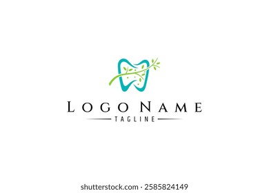 tooth logo with twig leaf combination in flat design style