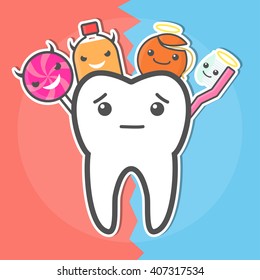 Tooth, lollipop, soda, dental floss, toothbrush. Good and evil. Sweets versus hygiene concept. Dental vector illustration