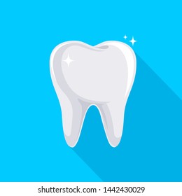Tooth with long shadow. Icon design, flat style. Illustration isolated on blue background.