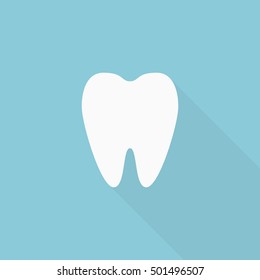 Tooth with long shadow isolated on background. Round tooth icon. Vector flat illustration