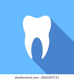 Tooth long shadow logo or icon. White molar on blue background.