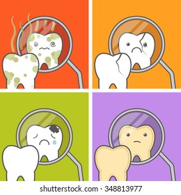 Tooth look at the dental mouth mirror. Concept of teeth problems vector illustration. No higiene, chipped/cracked tooth, cavities, stained Tooth.