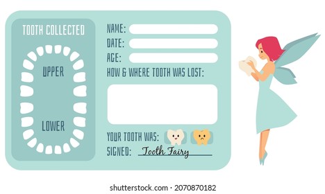 Tooth loosing card for kids with magic fairy female character, flat vector illustration. Tooth changing fairy certificate or comic diploma document for children dentistry.