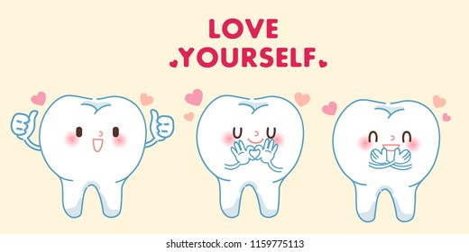 tooth with love yourself concept on the yellow background