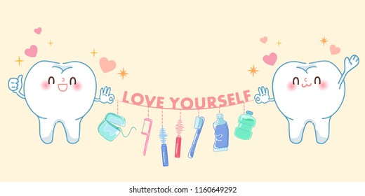 tooth with love yourself concept on the yellow background