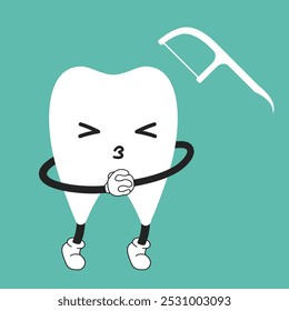 Tooth lovely character is happy with floss pick