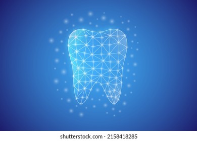 Tooth Low Poly Symbol With White Connected Dots. 3d Geometric Polygonal Stomatology. Dentistry Service, Dental Care Design Vector Illustration.