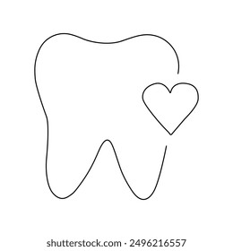 Un diente hecho de líneas y un corazón sobre un fondo blanco. El concepto de salud dental.